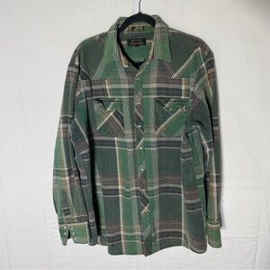 Vintage Rugged Country Outfitters Green Brown Cotton Plaid Pearl Snap Shirt XLT